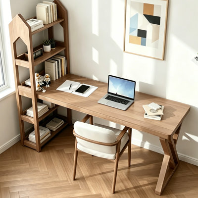 Simple Solid Wood Pine Desk With Bookshelf