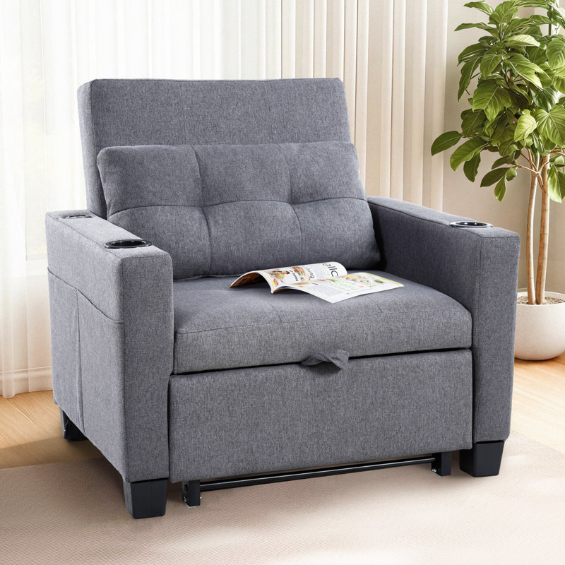 Sleeper Chair Bed With USB Ports & Cup Holders, 3-In-1 Convertible Sofa Bed For Living Room, Gray