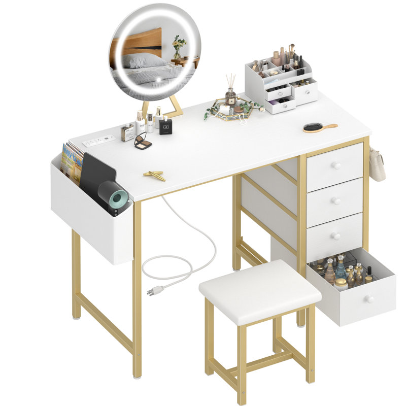 Built-In Outlets Makeup Desk With Mirror And Light- Vanity Set Table With Chair & Drawers, Gold