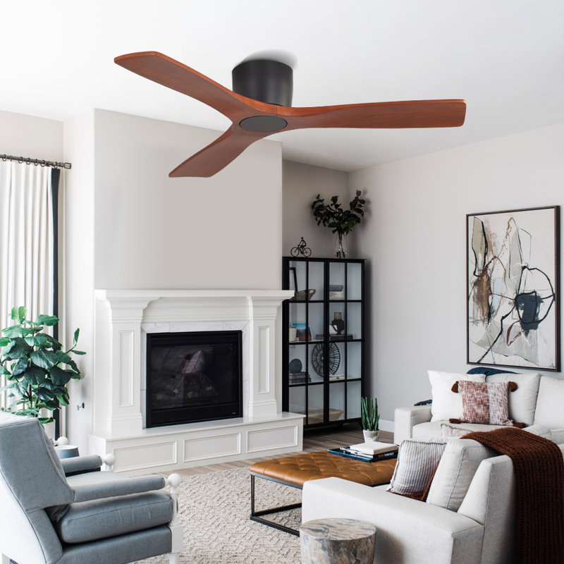 48 Inch 3 Carved Solid Wood Blades Flush Mount Ceiling Fan 6-Speed Noiseless Reversible DC Motor With Remote, Black and Walnut
