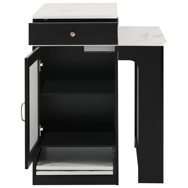 59.5" Kitchen Island With Extendable Dining Table, Kitchen Storage Table With Double-Sided Storage, Kitchen Island With 2 Drawers, Power Outlet, Side Open Shelves, For Kitchen, Dining Room, Black