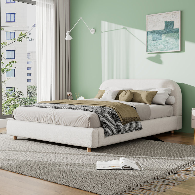 Queen Curved Headboard Boucle Upholstered Bed Frame, Platform Bed with Metal Frame and Wood Slat Support, No Box Spring Required