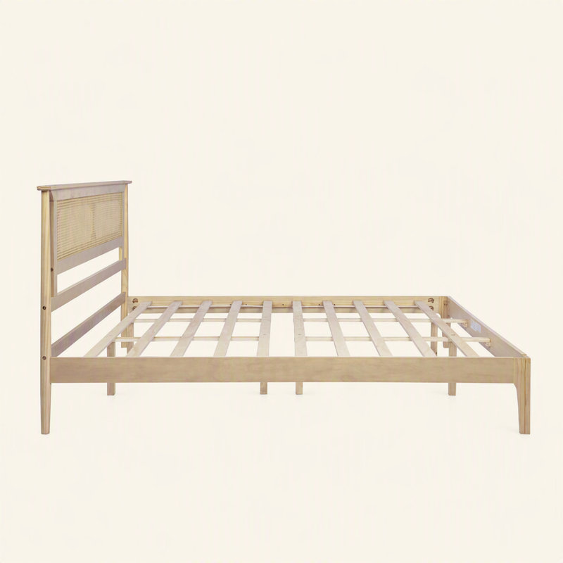 Bois de pin, lit en bois massif avec tête de lit en rotin, renforcé par des pieds en bois de soutien, Queen, Walnut