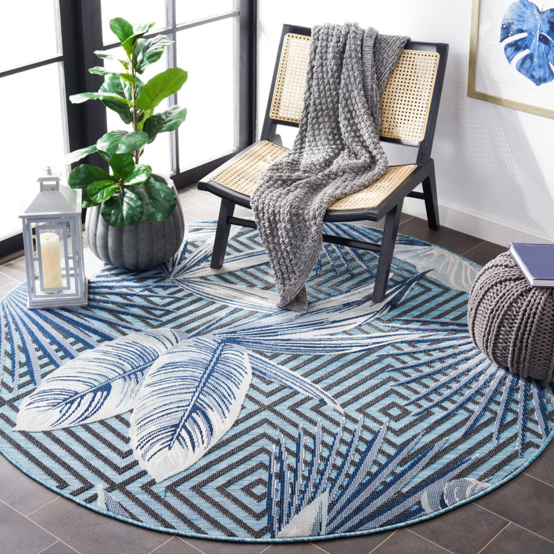 Sparks Lianne Floral Aqua/Navy Indoor / Outdoor Area Indoor/Outdoor Area Rug, Round 6'5"