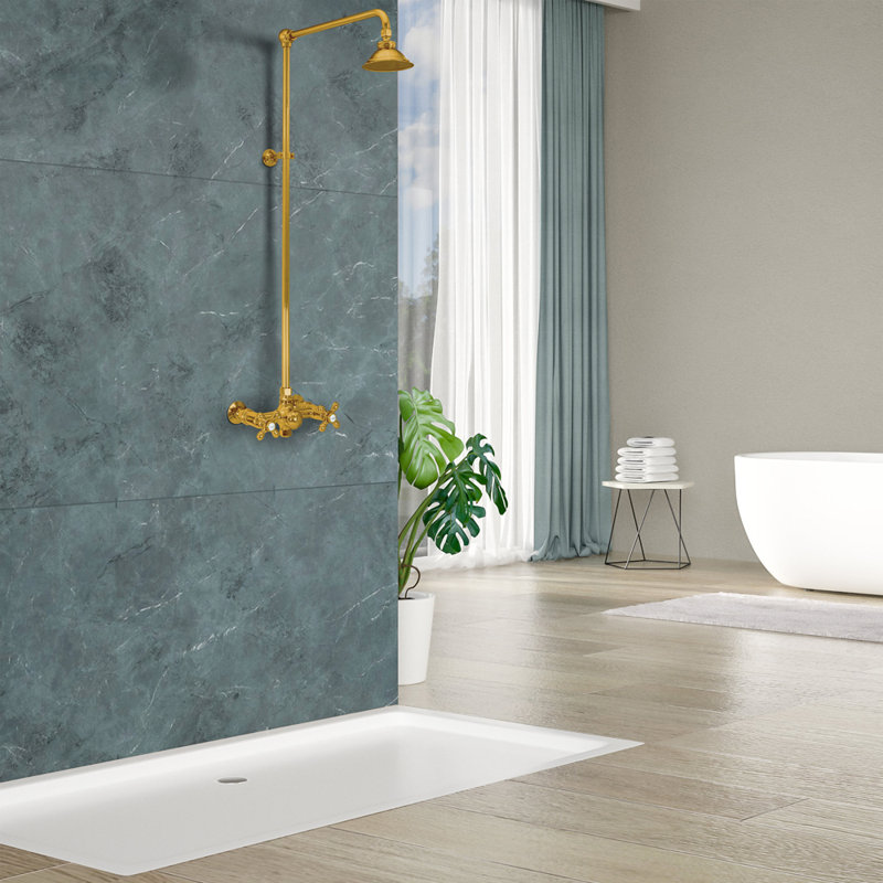 Outdoor Exposed Shower System 36" Wall Mounted Set and Cross Handles, Unlacquered Polished Brass
