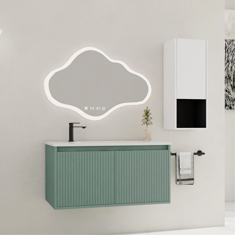 Meuble-lavabo de salle de bain 36 po avec lavabo en résine en forme de goutte et tablette latérale, blanc, compartiment de finition contemporain en contreplaqué à fermeture douce, design moderne
