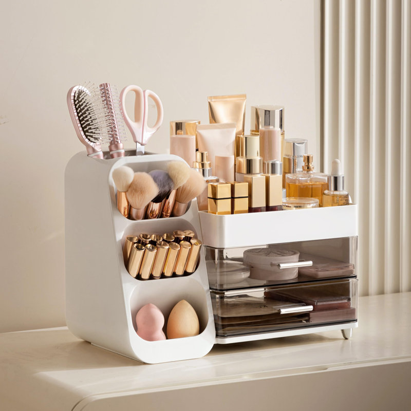 Organisateur de maquillage avec porte-brosse pour meuble-lavabo, grand rangement en plastique pour comptoir de salle de bain