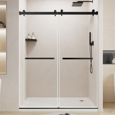 56-60" W x 72" H Frameless Double Sliding Shower Door, Premium 1/4" (6mm) Thick Tempered Glass With Explosion-proof Film, Stainless Steel, Matte Black