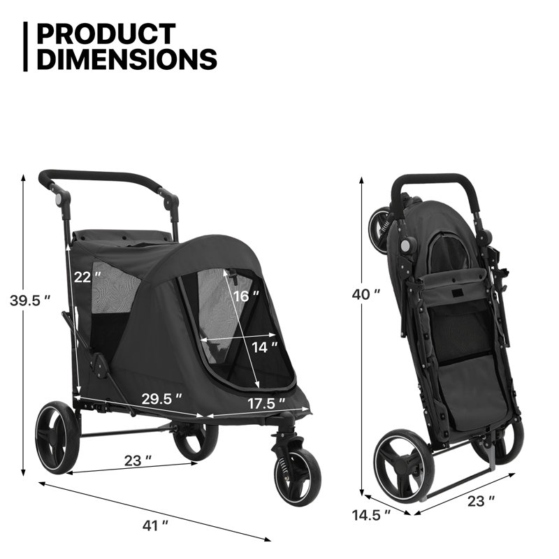 Folding 3 Wheel Pet Stroller, Foldable Dog Jogger Stroller with Adjustable Handlebar and Mesh Window, Black