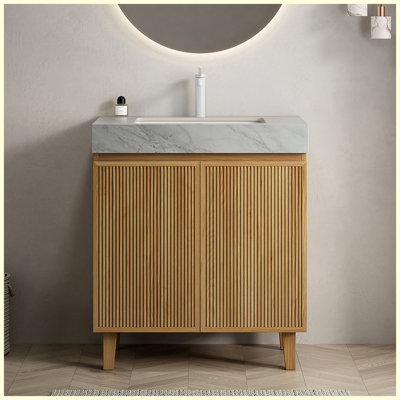 Meuble-lavabo autoportant de 30 po avec lavabo, comptoir en pierre frittée de couleur gris Carrara et lavabo en céramique, armoire à grain de bois naturel, 1 trou de robinet pré-percé