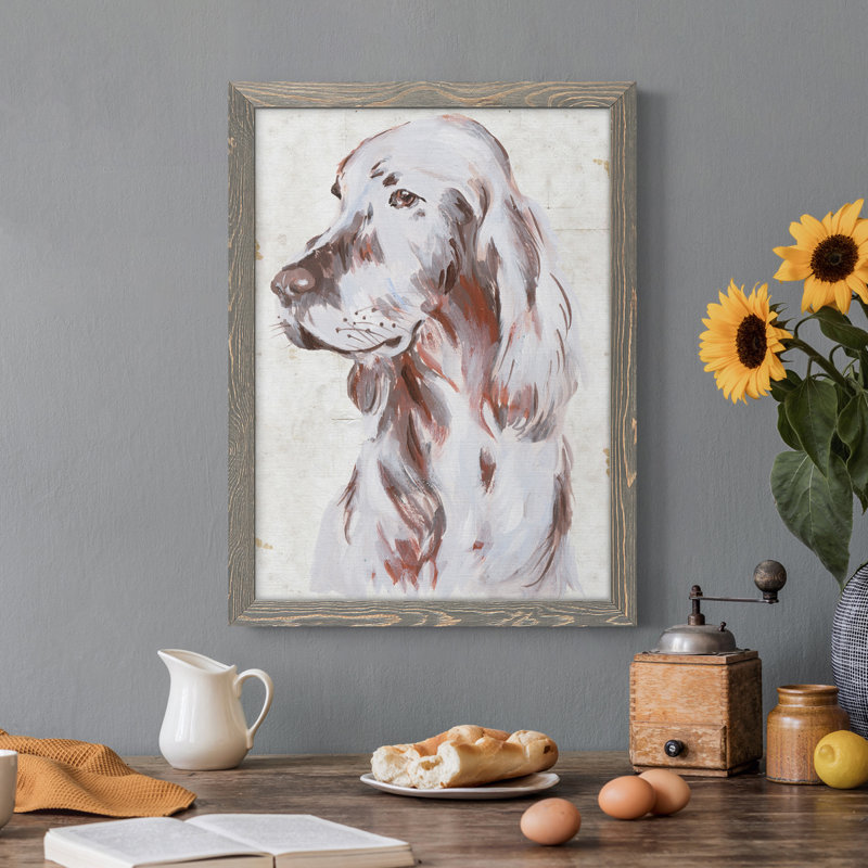 «Sitting Dog III», peinture sur toile encadrée, H 31 po x l 44 po x P 1 po, Encadré gris