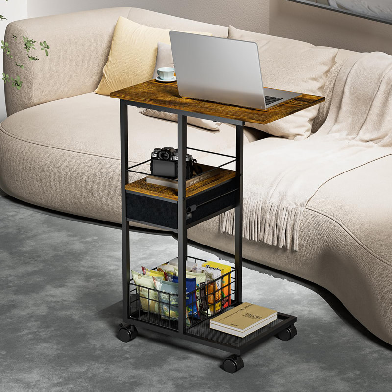 Modern 3 Tier End Table Rack Side Table Cart With 360 Rolling Wheels & Drawer