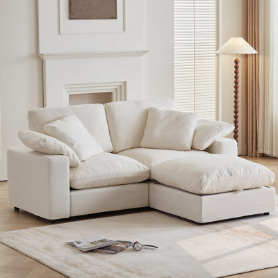 Zenya Modular Sectional Sofa Cloud Comfort Couch. No Vacuum-Compression. Down&Cotton Filled. Washable Covers - 2-Seat with Ottoman Off White