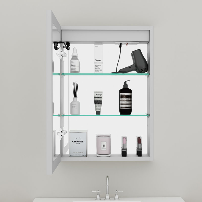 Armoire à pharmacie rectangulaire en aluminium l 16 po x H 24 po avec miroir, tablettes murales / encastrées en verre réglables Rail