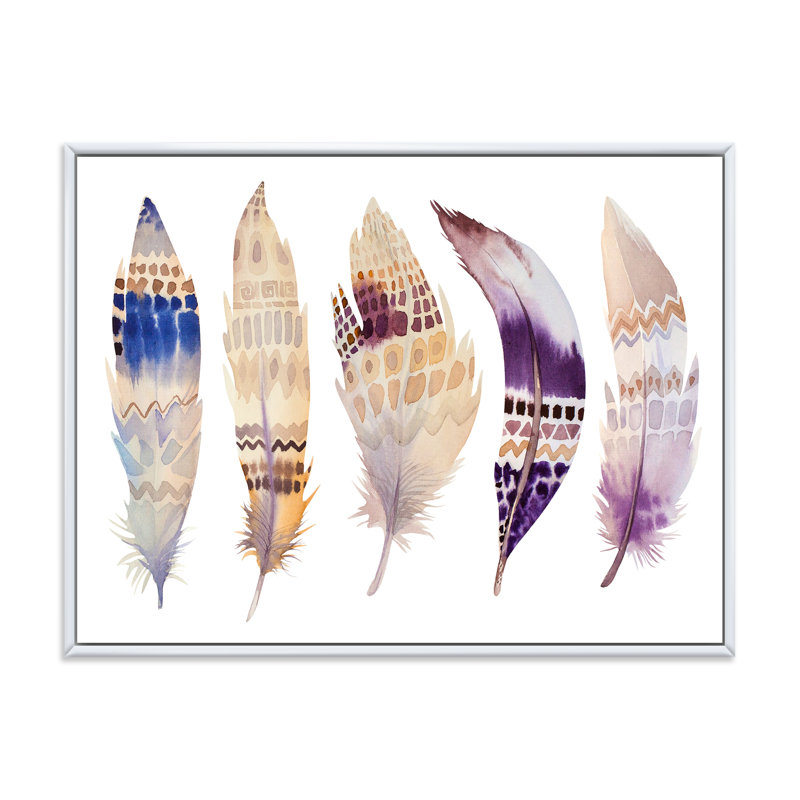 Plumes d'ethnie bohémienne mauve - peinture sur toile, Cadre blanc, H 16 po x l 32 po x p 1 po