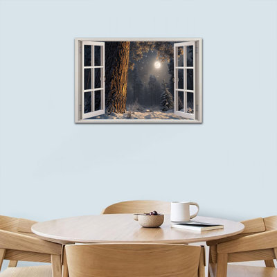 Hiver, toile, art mural, vue de fenêtre, clair de lune, forêt enneigée, affiche encadrée, peinture, scène d'hiver, décoration murale pour salon, chambre à coucher, bureau, 12 po x 16 po