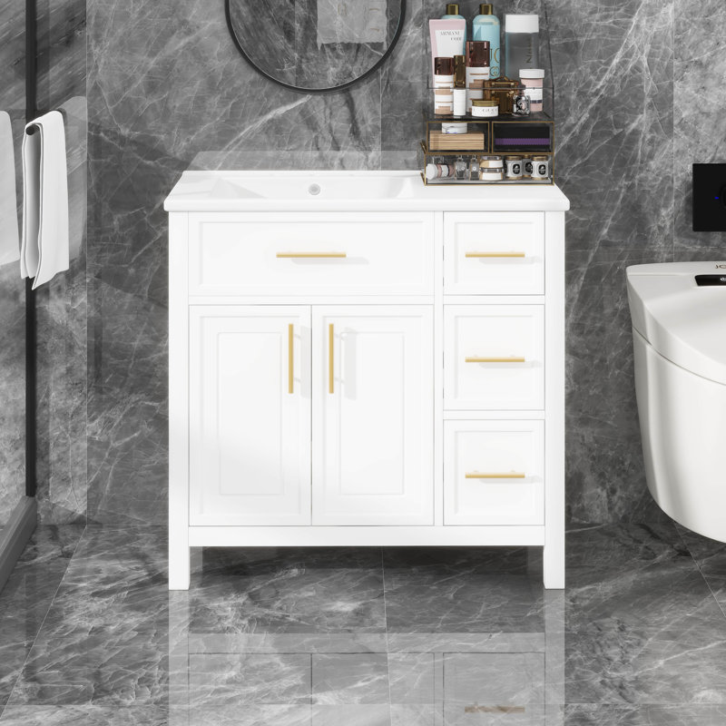 36" Bathroom Vanity With Sink Top, Two Doors And Three Drawers, White