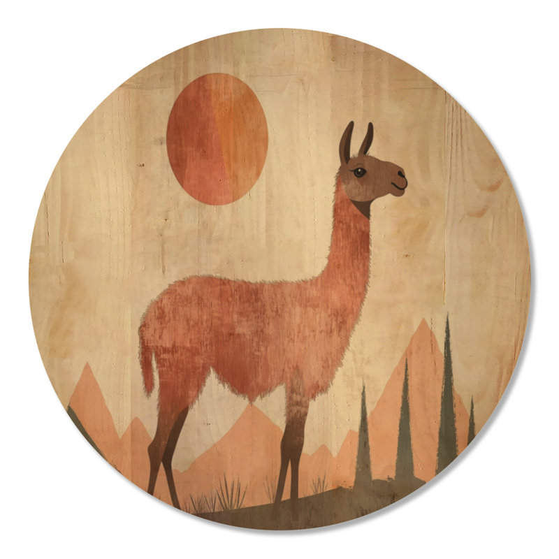 Colline des Andes ensoleillée - Affiche murale ronde en bois représentant un lama, Rond 23 po, Rond
