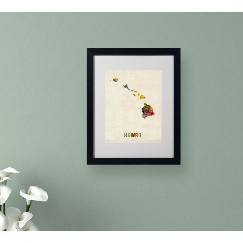 « hawaii map » par michael thompsett, impression encadrée, H 14 po x l 11 po x P 0,5 po, Noir