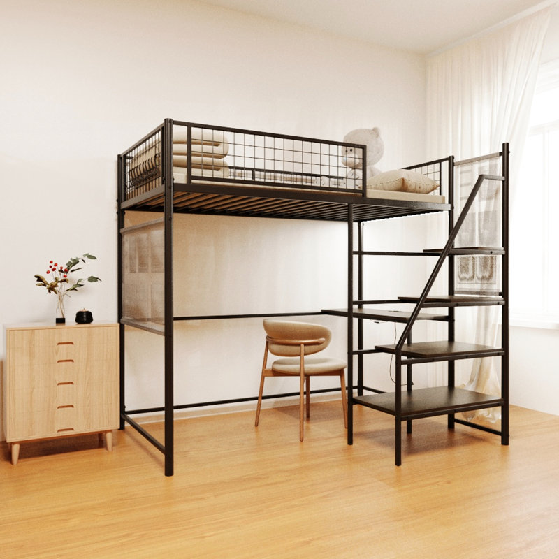 Structure de lit simple de taille mezzanine avec escalier allongé et sacs de rangement, Noir