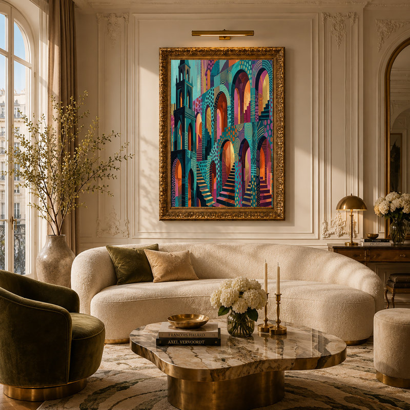 Art mural toile sarcelle et orange, H 24 po x l 36 po