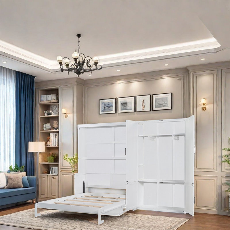 Lit escamotable avec rabat latéral, système de levage hydraulique, rangement pour garde-robe intégré, lit mural peu encombrant avec lattes flexibles, conception moderne pour chambre d'amis, bureau à domicile ou gymnase à domicile