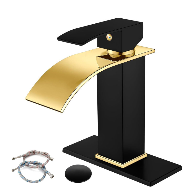 Ensemble de robinets Mosson noir et or à effet cascade avec plaque de montage de 15 cm et bonde de vidange rétractable en plastique
