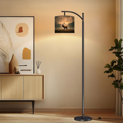 Arc Floor Lamp with Adjustable Lampshade Majestic Stag Misty Meadow Birds Flight Dramatic Sky Hunting Standing Lamp 3 Color Temperatures Dimmable Tall Pole Lamp with Foot Switch for Bedroom