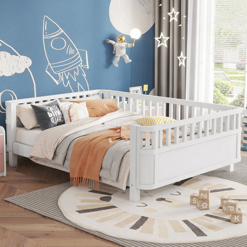 Lit plateforme en bois pour enfants, lit bas en bois avec barrières (modèle breveté), Lit double, White