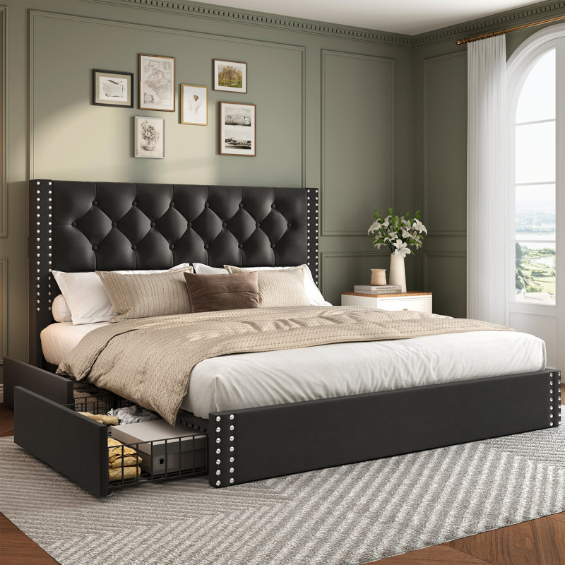 Kevyon Upholstered Platform Storage Bed, Beige, Full