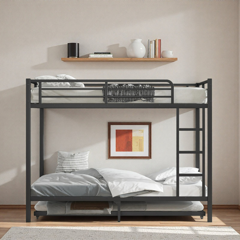Lit superposé double au-dessus de double avec lit gigogne simple, Double sur double, Noir