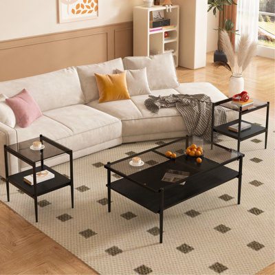 Coffee Table And End Tables Set Of 3, Tempered Glass Table With MDF Layer, Modern Tables For Living Room , Gray Glass by George Oliver