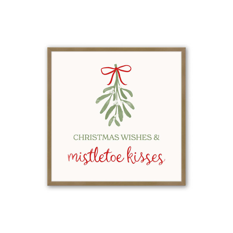 Imprimé festif gui II, H 13,75 po x l 13,75 po, Cadre simple en or brossé, bois massif