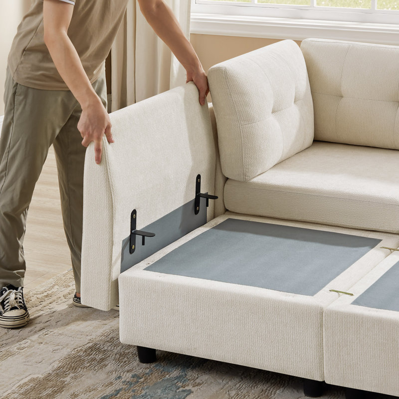Canapé modulaire en chenille avec console de rangement Chenille, Polyester beige