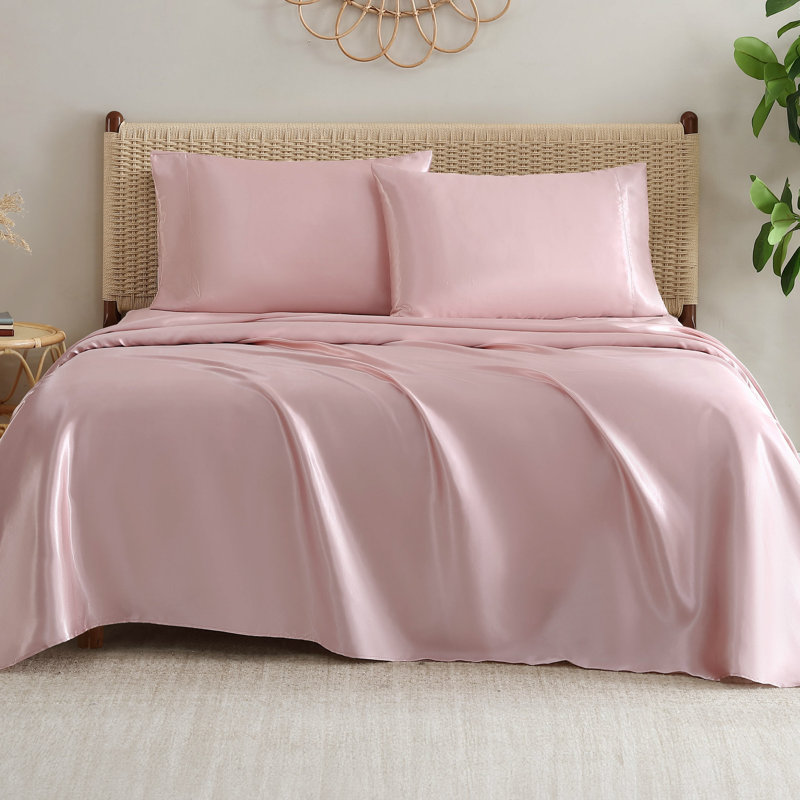 Jessica Simpson Silky Satin Sheet Sets, Twin Extra Long Sheet Set with 1 Pillowcases, Pink Lotus