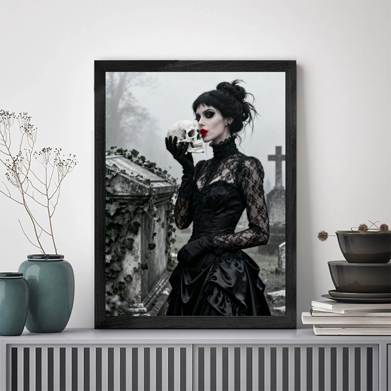 «Black», encadré noir, rétro, gothique romantique, dames et crâne, art mural, impressions de style rétro, H 25 po x l 17 po