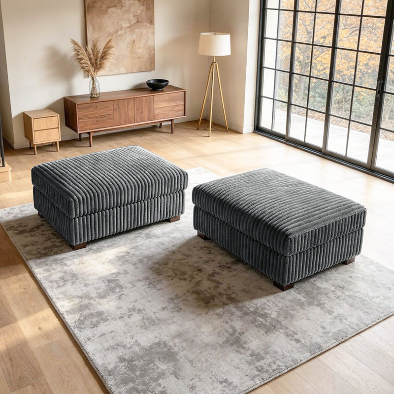 Upholstered Gray Faux Rabbit Fur Flannel Rectangle Ottoman, Modular Part For Sectional Sofa, Gray
