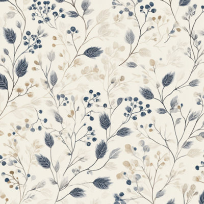 Papier peint adhésif gris à motifs botaniques (branches et feuilles), style aquarelle douce, blanc vintage. Décoration murale amovible et autocollante pour chambre, cuisine et placards (45 cm x 300 cm).