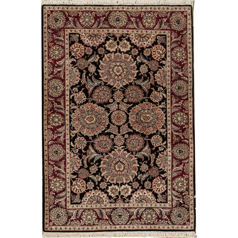 Tapis noué à la main de qualité vin, noir et crème