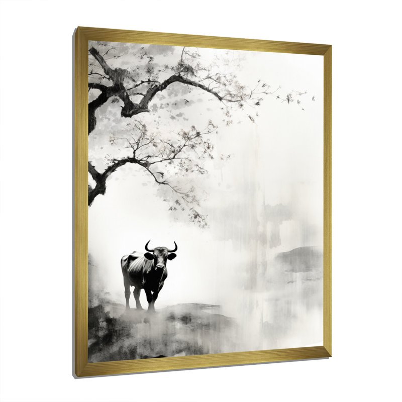 Jaceyon, art asiatique, vache Sumi XV, H 20 po x l 12 po x P 1 po, Encadrement doré