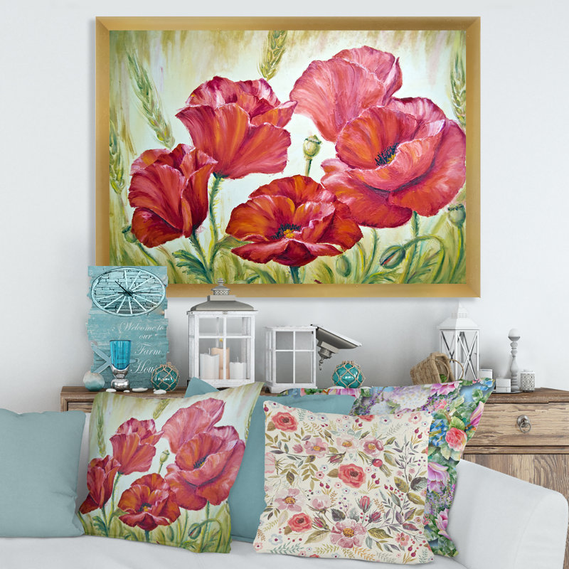 Blossoming Poppies In The Morning III - peinture sur toile, H 16 po x l 32 po x p 1 po, Encadrement doré
