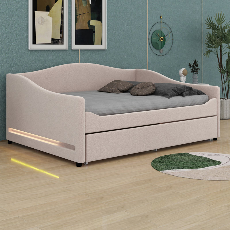 Upholstered Daybed With Light And Trundle, Beige