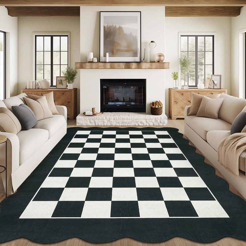 Washable Rugs 5x7 Modern Scalloped Rug Non Slip, Modern Checkerboard Carpet, Soft Non Shedding Low Pile Floor Cover, Stain Resistant Area Rug for Living Room Bedroom, Black and White