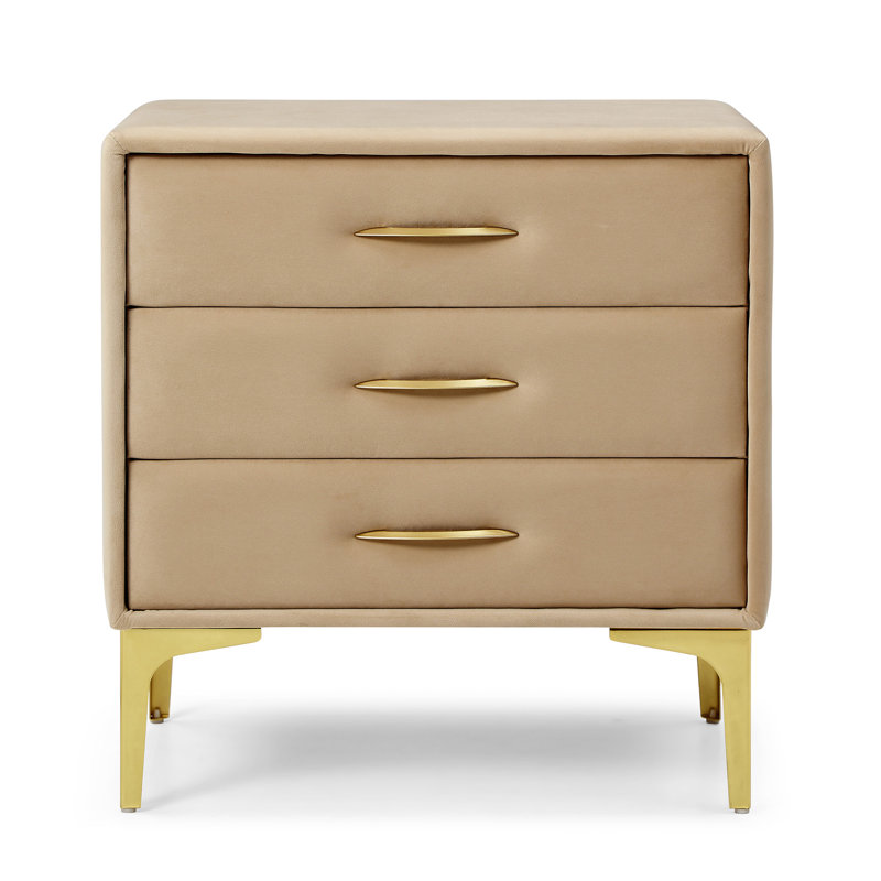 Elegant Velvet Upholstered Nightstand With Gold Legs, Camel Velvet