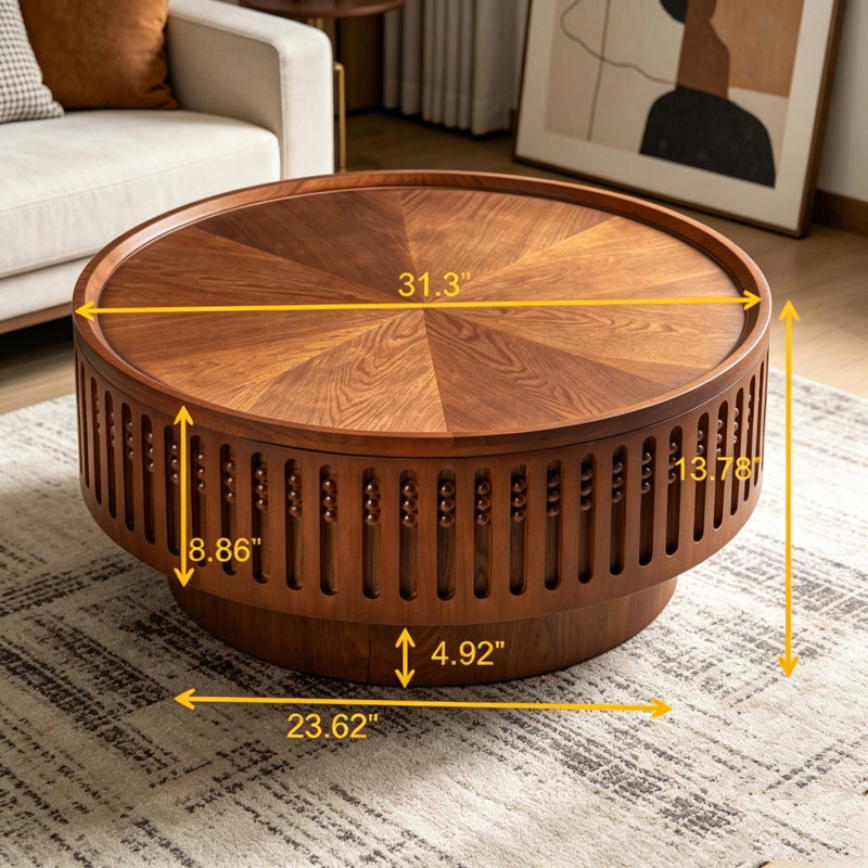Table basse ronde, table de bout ronde en treillis, table d'appoint Boho avec fonction de rangement rabattable, 31.3"-Walnut