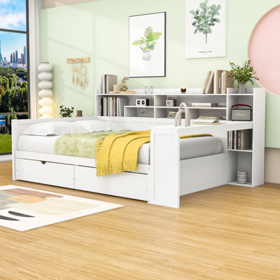 Lit de jour en bois avec bureau d'étude intégré et tiroirs de rangement