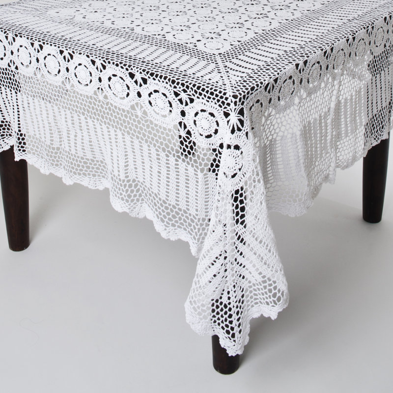 Medallion Collection Handmade Crochet Lace Cotton Tablecloth, 144" L x 71" W, White