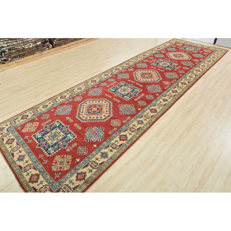 Tapis de couloir rouge en laine noué à la main de conception unique 5 pi 1 po x 16 pi 5 po Fynnigan