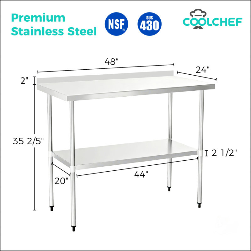 Table de travail durable en acier inoxydable de calibre 18 de 24 po x 48 po avec dosseret de 4 po et tablette inférieure pour une utilisation efficace dans la cuisine