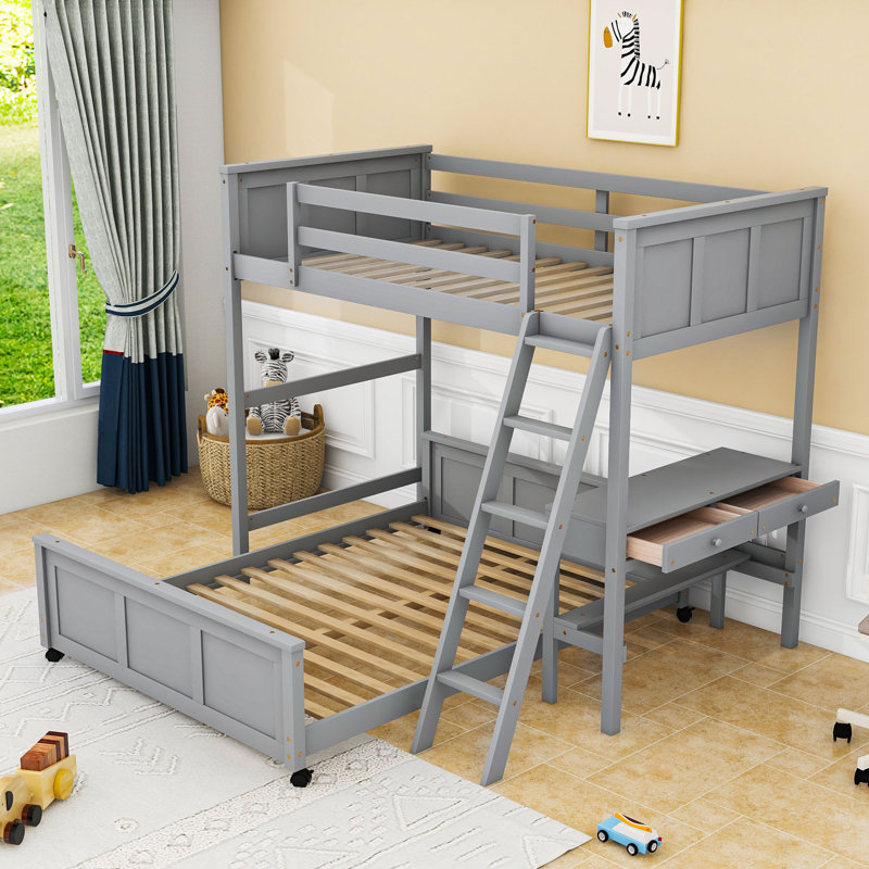 Icaro Bunk Bed with Desk, Gray, Full Over Full